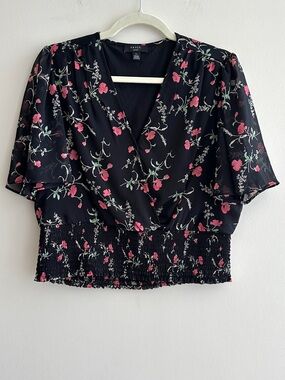 Haver London Smocked Waist Floral Flowy Blouse, Black/Pink, Size Large